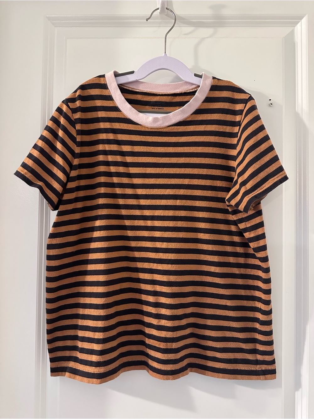 Madewell Black and Tan Striped Short Sleeve Tee with Pink Neckline